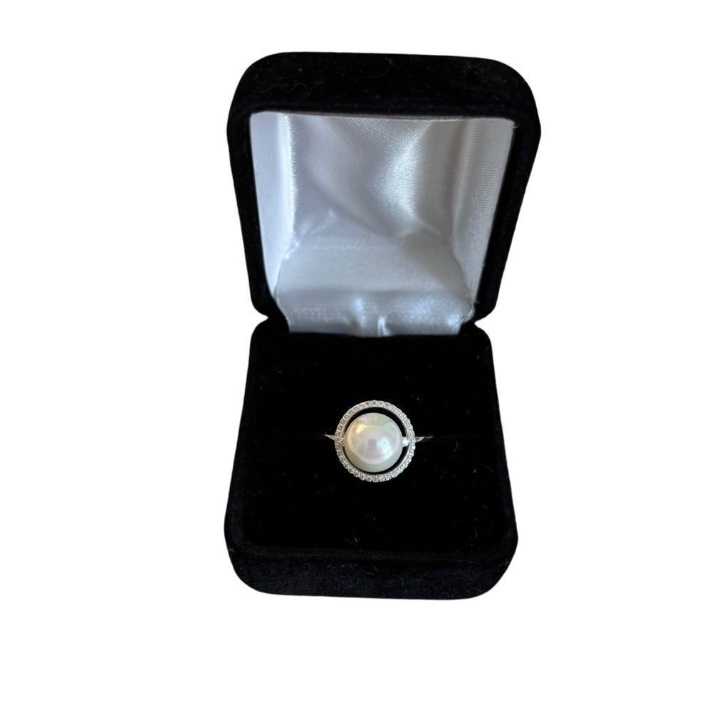 Elegant Sterling Silver White Pearl Halo Ring in Ladies 9.5